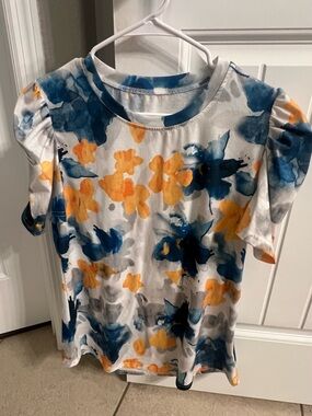 White Floral Watercolor Tee with Blue & Yellow Blooms